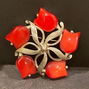 Japan Elegant Red Thermoset Floral Brooch